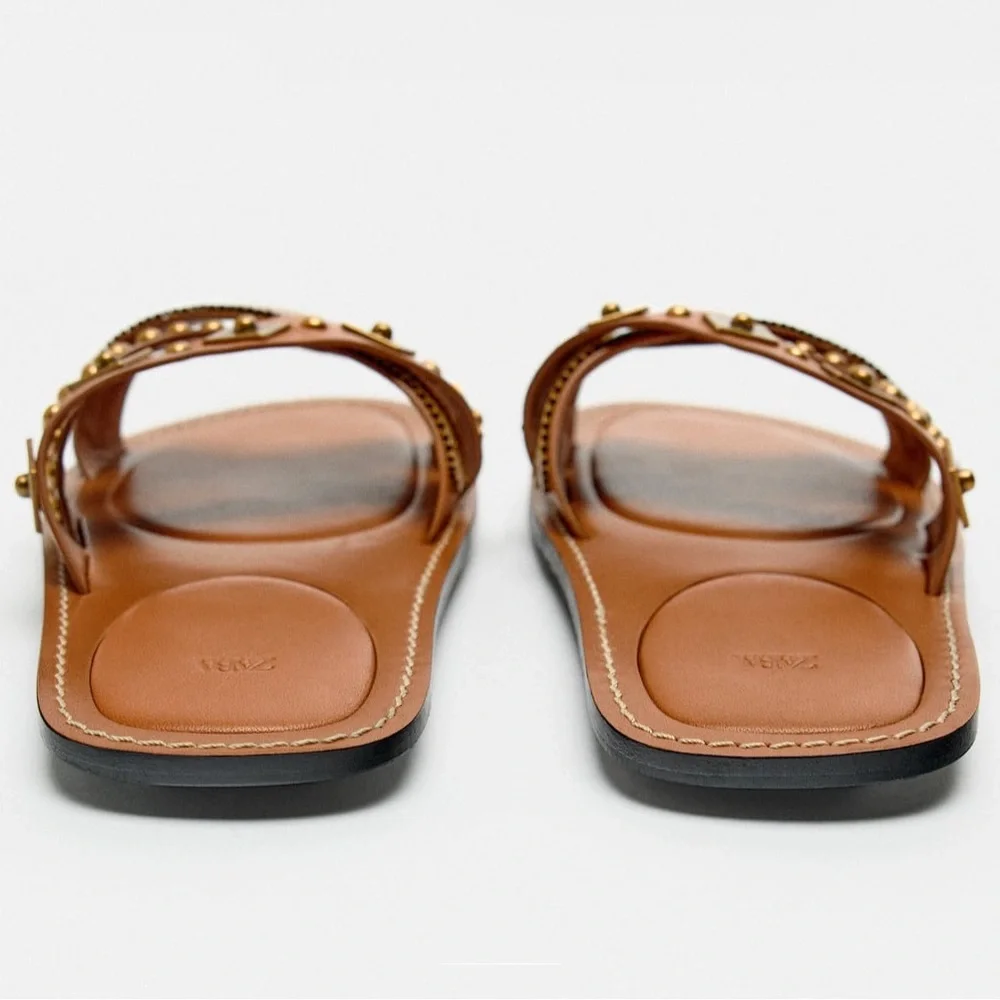 Zara leather sandals gold metallic details made in India - Picture 2 of 8